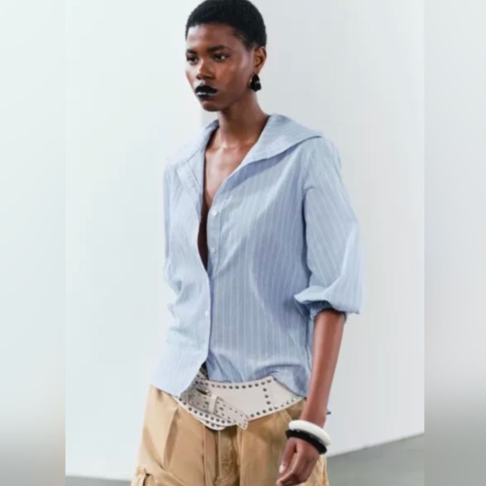 Zara Women's Blue Striped Button Down Shirt